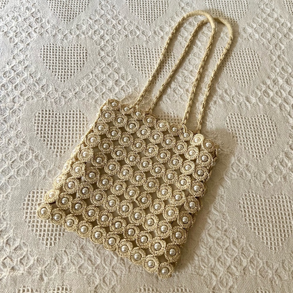 Haute Hippie Handwoven Raffia Pearl Embellished Tote Double Handle Fully Lined